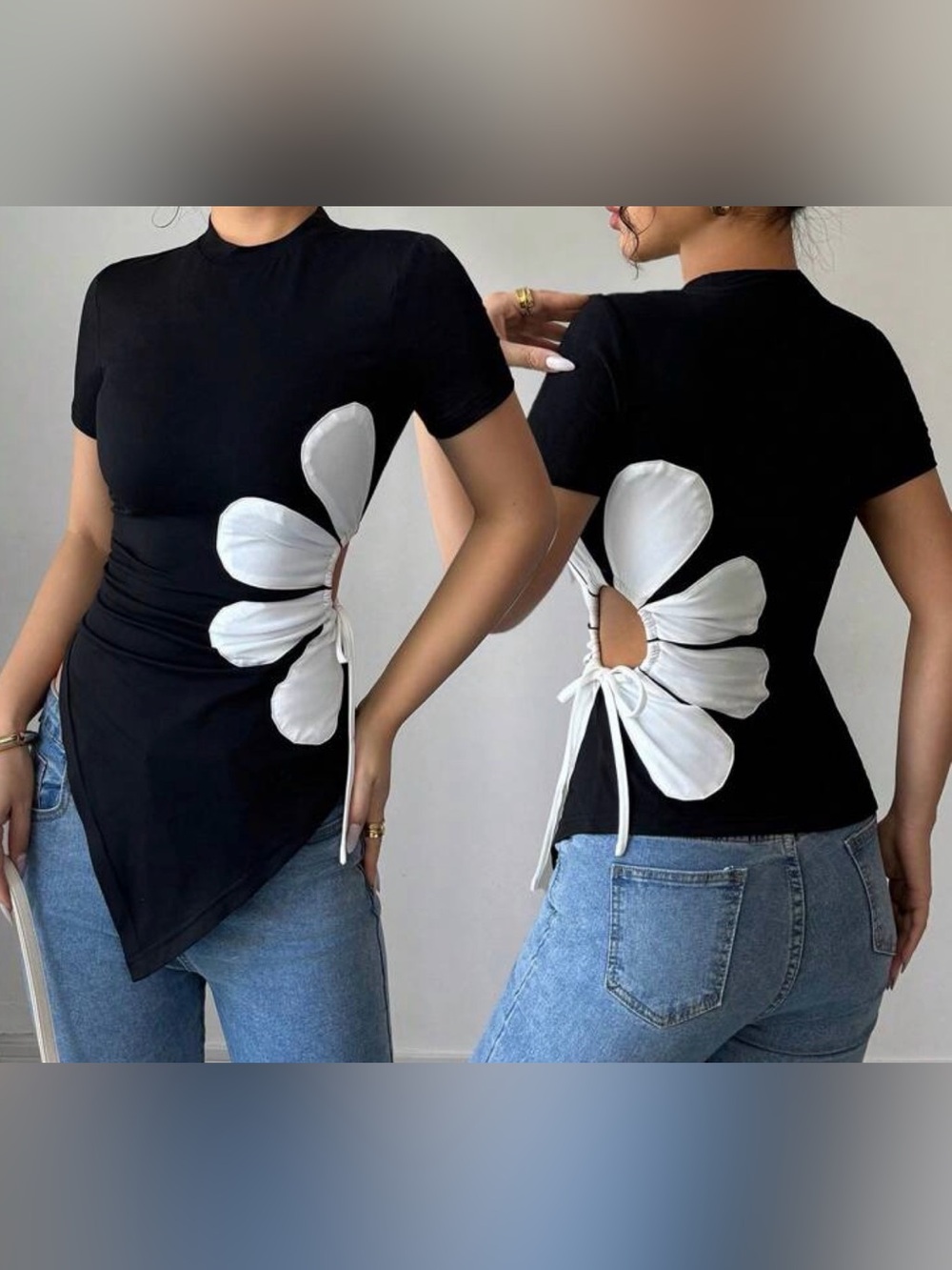 Black Short Sleeve Tee with White Daisy Cutout & Tie Side